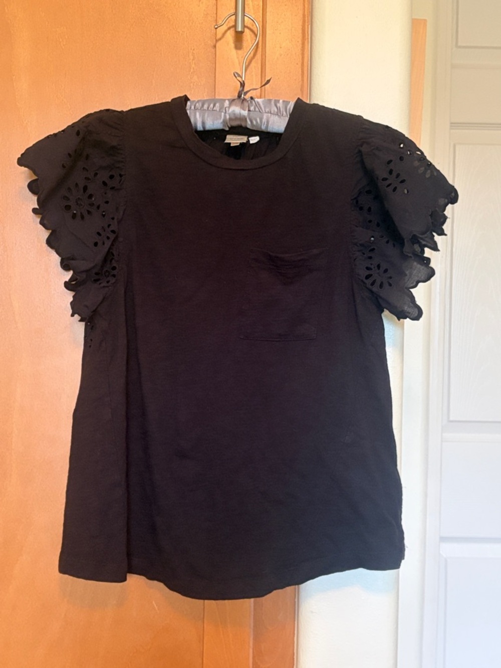 Anthropologie Women’s Black Eyelet Ruffle Sleeve Pocket Tee